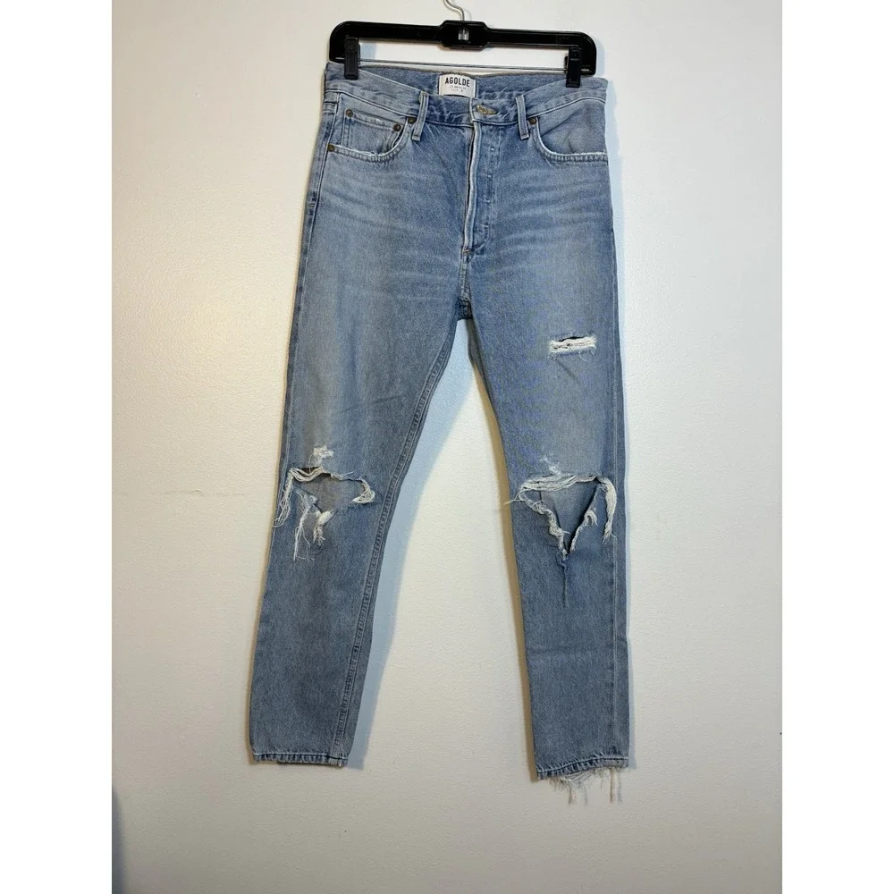 AGOLDE Jamie High Rise Jeans Light Wash Straight Leg Sz 27 Distressed‎ Casual